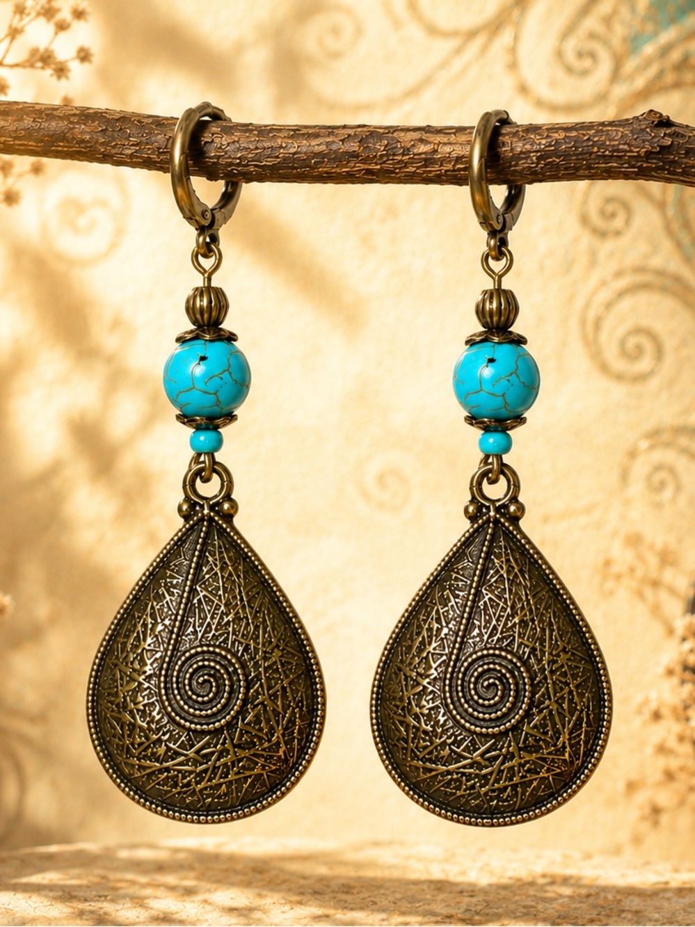 Antique Bronze Turquoise Spiral Earrings Boho Southwestern Leverbacks